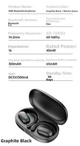 Detail specifications of OWS earbuds showing Bluetooth 5.3 and 14.2mm driver tech specs