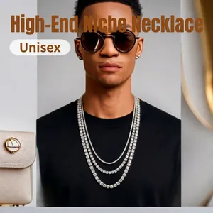Three-layer tennis necklace with sparkling stones on male model, unisex hip hop style