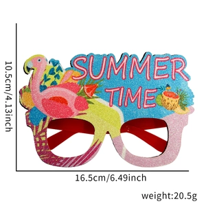 Pink and blue summer party sunglasses featuring glitter decoration and size measurements