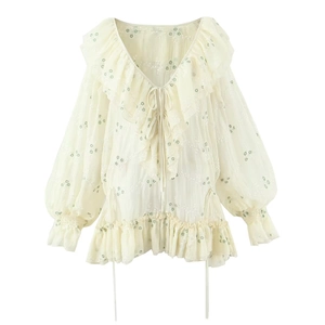 Vestito Mini In Chiffon Ricamo Floreale Scollo A V Volant Manica Lunga Lanterna Vita Elasticizzata Elegante Stile Francese