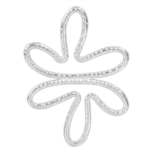 Macro detail of abstract silver floral pendant with textured hammered metal finish