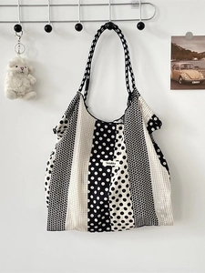 French dot canvas tote bag with large capacity and stylish black and white patterns