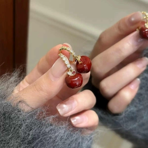 18k gold plated apple cherry earrings with sparkling zircon leaf and red glaze finish