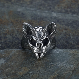 Gothic men's bat head ring in antique silver finish made of durable stainless steel