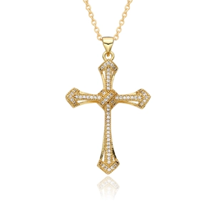 Elegant gold cross pendant necklace with micro-paved zircons on a white background