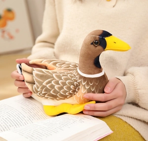 Close-up of a mallard duck plush toy with realistic feather texture in home setting