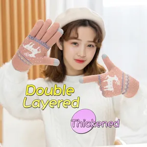 Pink double-layer knitted Christmas gloves with reindeer pattern and touchscreen fingertips