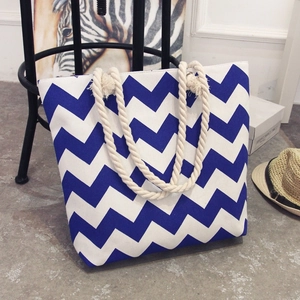 Ethnic blue and white wave tote bag with rope handles for beach vacation style