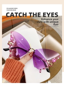 Detail showing rimless butterfly sunglasses with purple gradient lenses and sparkling rhinestones