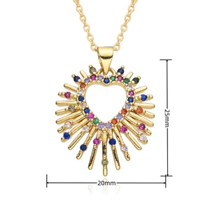 Detail showing the 25mm x 20mm heart pendant dimensions with multi-color zircon stones