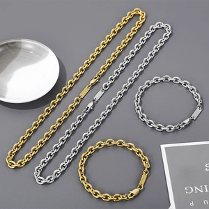Titanium steel O-chain necklace and bracelet set in gold and silver with square charms
