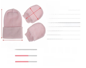 Detailed size chart for baby knit hat and gloves set with pink and white stripes