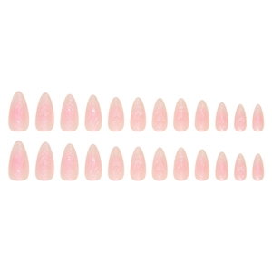 Set de 24 faux ongles amande roses avec texture œil de chat scintillante et motif cœur 3D