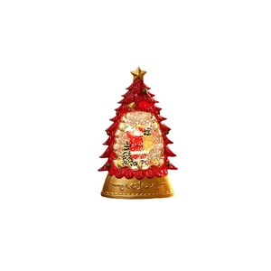 Christmas tree shaped snow globe with Santa figure and glowing LED light in red and gold