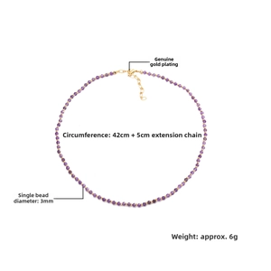 Detail of 3mm purple faceted stone necklace with gold plated clasp and 42cm length