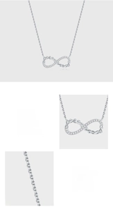 Close-up of S925 sterling silver Mobius necklace featuring hand-set 5A cubic zirconia