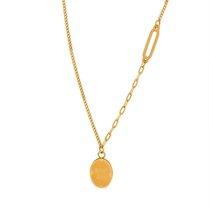 Gold stainless steel necklace with mixed chains and Good Luck engraved oval pendant