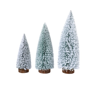 Mini flocked Christmas trees with natural wood bases in three sizes for desktop decor