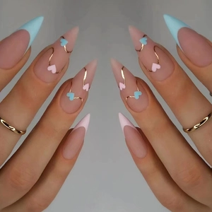 Matte Heart Handmade Press On Nails Almond Shape French Tip Pink Blue Stiletto Artificial False Nails Sweet Style For Women