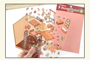 Macro detail of PET Forest Hostel 3D effect stickers with cute cats and cozy furniture