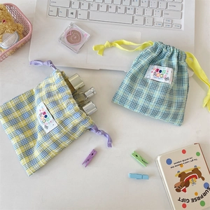 Pastel checkered cotton drawstring storage pouches for makeup and travel items