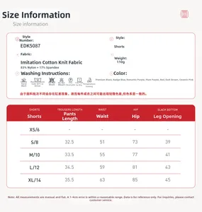 Size chart for high-waisted yoga shorts with fabric details and washing instructions