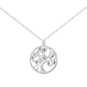 S925 sterling silver necklace with a hollow tree of life pendant and colorful gemstones
