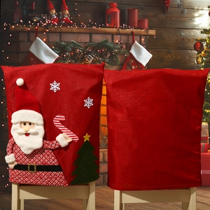 Christmas chair back covers with Santa Claus embroidery in red burlap fabric