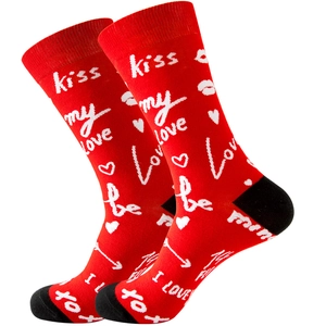 Romantic red crew socks with black heels and white 'Kiss My Love' text pattern