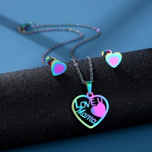 Detail of iridescent heart necklace and earrings set with Love U Mama engraving