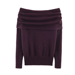 Pull En Maille Épaules Dénudées Manches Longues Col Replié Poignets Côtelés Haut Élégant Couleur Unie Pour Femmes