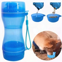 Blue 2-in-1 portable pet water bottle and food dispenser with demo of usage
