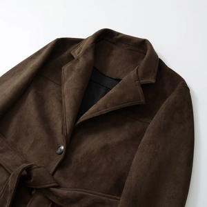 Elegant dark brown faux suede blazer jacket with notched lapels and matching belt for women