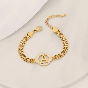 Gold stainless steel Cuban chain bracelet with crystal letter A pendant in circle