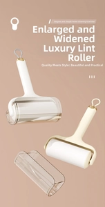 Extra wide lint roller with sleek handle, hook ring and translucent brown protective cover