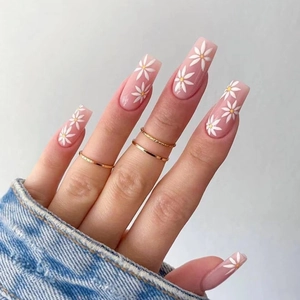 Long Coffin Press On Nails Glossy Pink Jelly Fake Nails White Daisy Flower Pattern Sweet Pastoral Style For Women