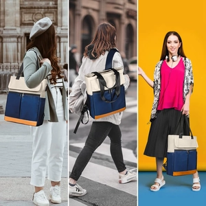 Detailed views of a blue, cream, and orange multi-functional backpack with top handles