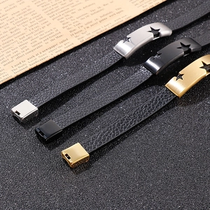 Three punk star hollow leather bracelets in silver, black and gold finishes