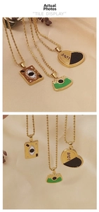 Detailed tile display of three unique 18K gold plated stainless steel heart and charm necklaces