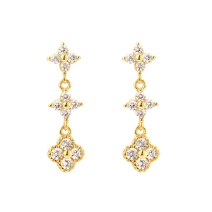 Elegant gold S925 silver four-leaf clover drop earrings with sparkling zircon stones