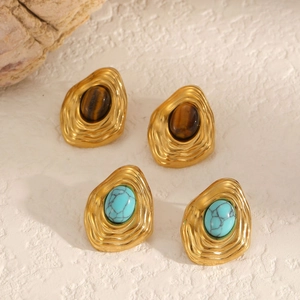 Boucles d'oreilles vintage dorées en acier inoxydable avec turquoise et œil de tigre