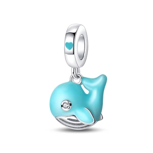 Detail of silver whale charm with blue enamel and crystal eye for DIY bracelets