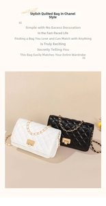 Detail of classic quilted texture and metal chain strap on elegant crossbody bag