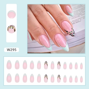 Pink leopard almond press on nails with mint green French tips and gold chain
