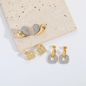 Elegant heart and geometric zircon earrings set with gold woven and u-shaped drop designs