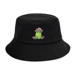Cute Frog Mushroom Embroidery Cotton Bucket Hat Foldable Sun Protection Casual Retro Fisherman Cap For Women Men