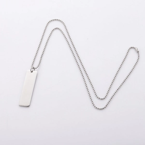 Polished silver stainless steel rectangular tag pendant necklace with ball chain link
