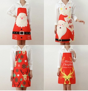 Collage of four festive linen Christmas aprons with Santa, reindeer and snowflake prints