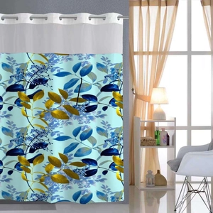 Shower Curtain And Floor Mat Waterproof Polyester Waffle Weave Hookless Grommet Top Botanical Print
