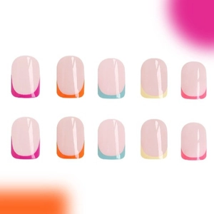 Short square press-on nails with multi-color French tips on a natural pink base